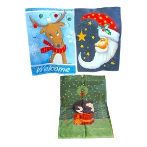 Three Christmas Garden Flags Tolund Santa Evergreen Reindeer Warren Kimble Cat